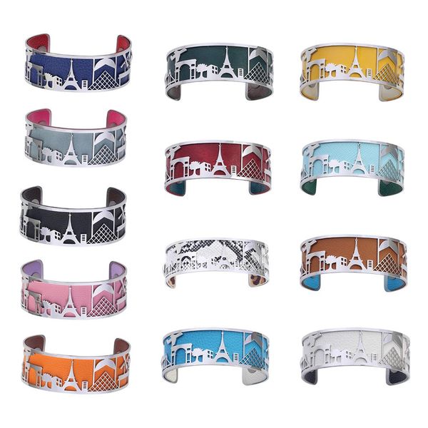 

bangle koaem luxury stainless steel bracelet bangle interchangeable leather bracelets women girls with paris eiffel tower, Black