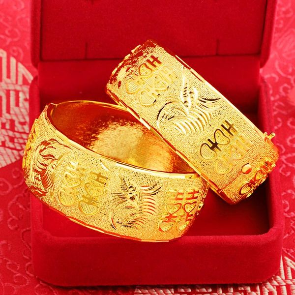 

bangle 24k pure gold plated bracelet for women bride wedding engagement ragon phoenix matte jewelry gold bangles gifts not fade gold, Black