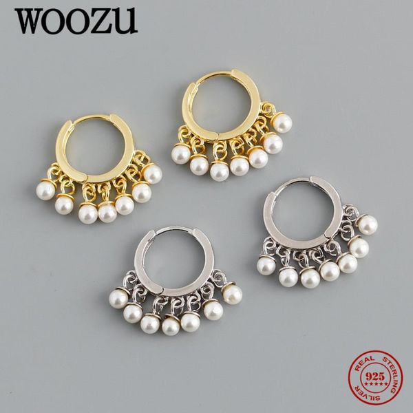 

huggie woozu geometry round white pearl tassel hoop earrings 925 sterling silver for women ethnic rock party classic jewelry pendientes, Golden;silver