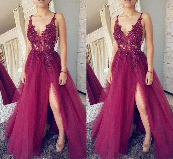 

2020 new dark fuchsia deep v neck prom dresses lace tulle split formal evening dresses long party gowns 7175518112, Black