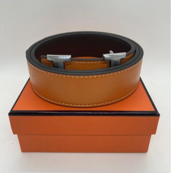 

h big letter mens brand belts with litchi grain cowhide ceinture women belt smooth buckle 7colors, Black;brown