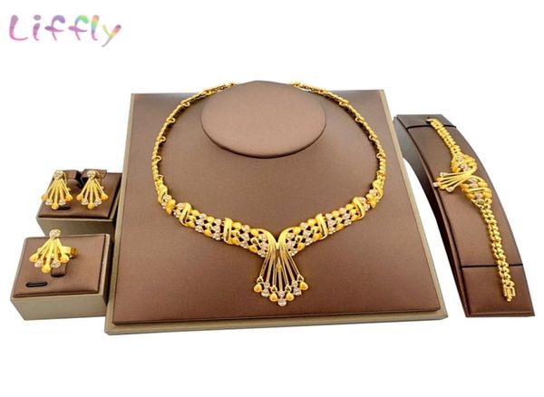 

liffly african dubai gold bridal jewelry sets for women bracelet earrings indian wedding party crystal ring jewelry sets 2009238139492, Silver