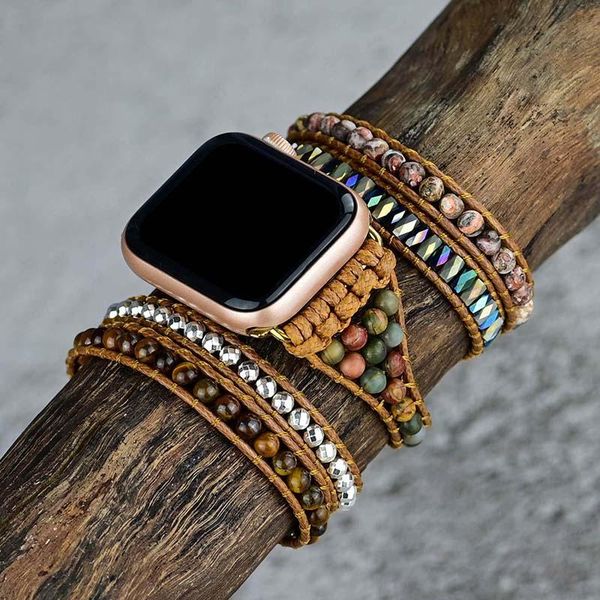 

bangle fashion natural stone apple watch band boho wax rope tigereye stone 5 wrap charm apple watch strap wholesale dropshipping, Black