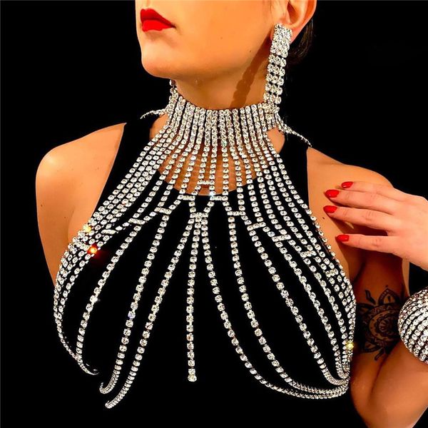 

erotic shiny bikini long tassel bra chain rhinestone underwear body chain rhinestone stage nightclub performance clothes 1205, Silver