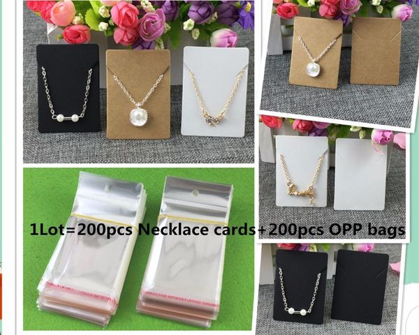 

boxes 200pcs 7*5cm kraft paper necklace cards+200 opp bags blank jewelry card pendant display card for accessories accept costom, Black;white