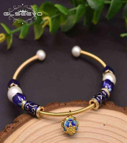 

glseevo handmade cloisonne temperament women bracelets bangles natural fresh pearl charm flower bracelet femme jewellery gb09378859635, Black