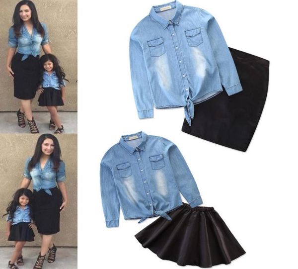 

mommy and me clothes jeans blousesolid skirt mum family shirt matching outfits mom and daughter dress family look mom daughter y19474216, Blue