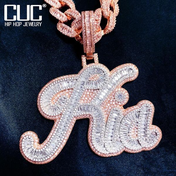 

necklaces custom brush cursive letter name pendant men hiphop necklace with baguette zircon cuban chain customized rock rapper jewelry, Silver