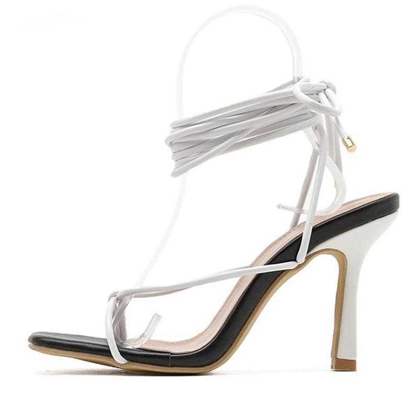 

nxy sandals 2023 fashion mixed colors ankle lace-up women summer square toe narrow band party prom thin high heels shoes 230511, Black