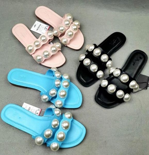 

pretty pearl shoes women 2020 new summer slippers women pearl decoration slides female flat slippers outdoor beach slide shoes5909804, Black