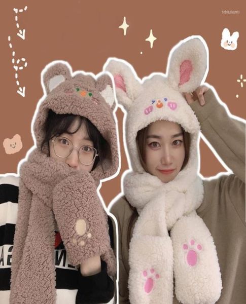 

berets fashion winter cute cartoon bear lamb plush caps gloves scarf set warm thickened ear brown hat for women girl year gift1072379, Blue;gray