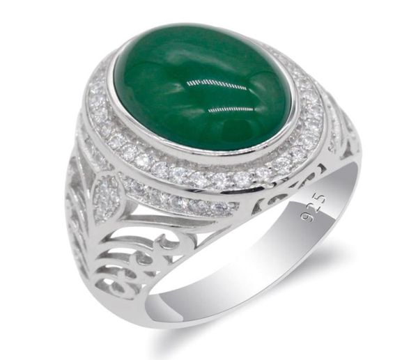 

men ring with natural green agate stone 925 sterling silver vintage hollow design turkish elegant jewelry gifr for male women4003239, Golden;silver