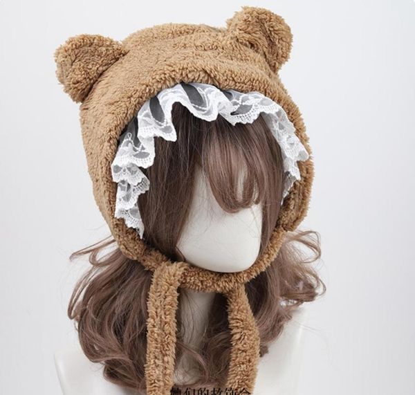 

berets lovely lace trim lolita daily little bear ear plush warm hat harajuku thicken earmuffs winter fashion bonnet cap5737086, Blue;gray
