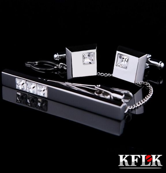

kflk cuff links good silver necktie clip for tie pin for men white crystal tie bars cufflinks tie clip set jewelry8746952