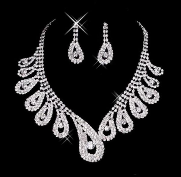 

womens bridal wedding jewelry sets pageant rhinestone gorgeous sparkling silver necklace earrings for party bridal accessories8725660, White