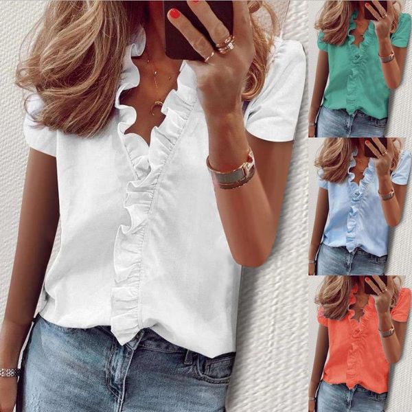 

womens blouses shirts women plain ruffle blouse summer solid color short sleeve shirt basic style elegant office lady vneck pullover blusa, White
