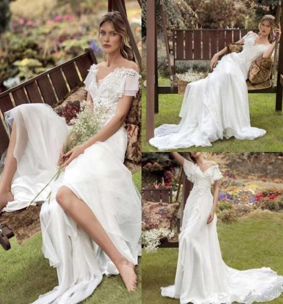 

2020 a line papilio beach wedding dresses off shoulder lace appliqued sweep train boho wedding dress simple bridal gowns robes de 1596739, White