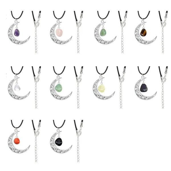 

natural crystal raw stone moon necklace rose quartz amethysts charka necklaces for women jewelry, Silver