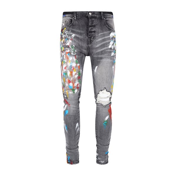 

high street men ripped zipper fly gray splash paint amiryes slim jeans, Blue