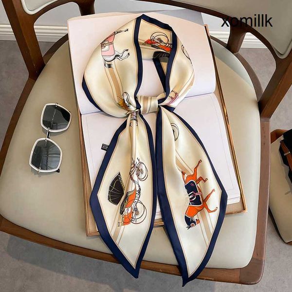 

hermm classic scarf diagonal long simulated scarves for women s new french chain carriage versatile decoration small scarf fashionable ribbo, Blue;gray