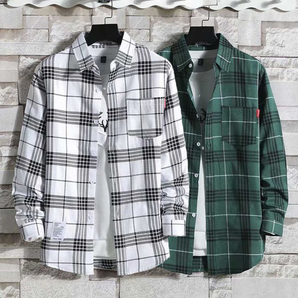 

men's loose checkered jacket summer long sleeved casual korean version thin men's shirt trend{category}, White;black