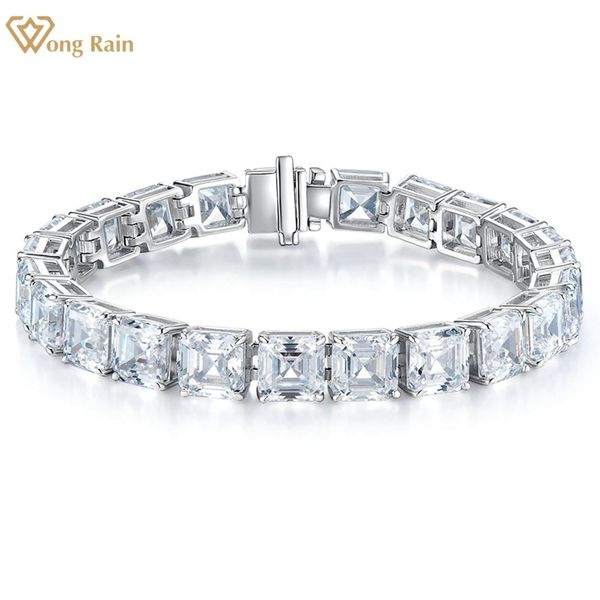 

bangle wong rain 100% 925 sterling silver asscher cut 7*7mm created moissanite gemstone couple charm bracelet bangle fine jewelry gifts, Black