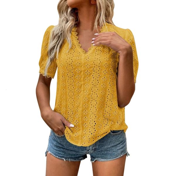 

womens blouses shirts in solid embroidery blouse for women dressy casual hollow v neck short sleeves shirt loose tunic blusas 230519, White