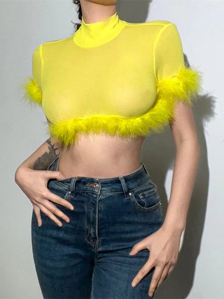 

women's tshirt feather trim mesh sheer tshirt women summer crop short sleeve see through club tee shirts female 230520, White