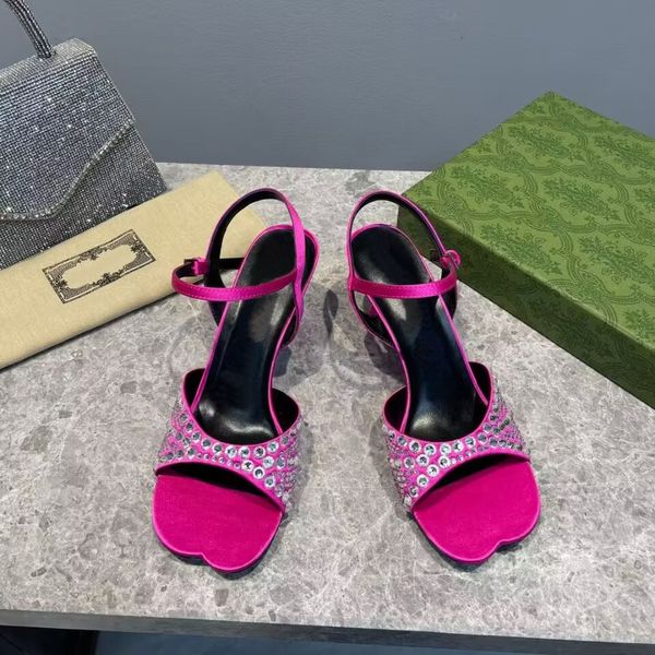 

crystal open toe women's sandals fashion flat head silk genuine leather metal high heels 6.5cm luxury show party wedding dress shoes si, Black