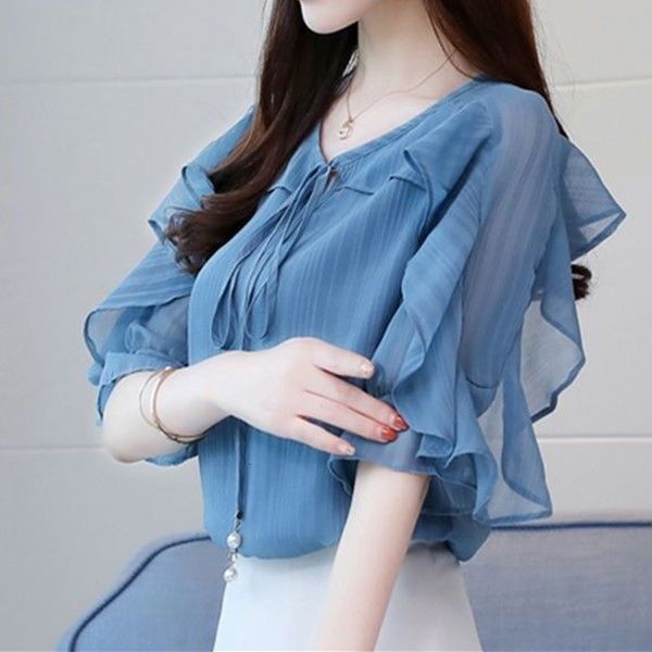 

women's blouses shirts fashion flying sleeve drawstring sweet chiffon blouse plus size summer office lady loose casual female clothing, White