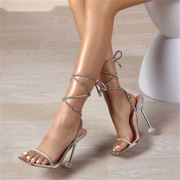 

nxy sandals designer transparent ankle lace-up woman elegant open toe crystal clear high heels wedding party shoes 230511, Black