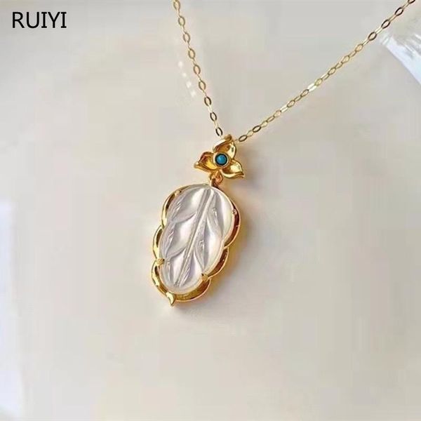 

necklaces ruiyi real 18k gold white fritillary leaf pendant pure au750 gold branch jade leaf necklace ladies exquisite jewelry gift, Silver