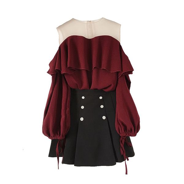 

two piece dress ruffles oneck mesh puff sleeve loose women's blouse shirt high waist pleated skirt korean fashion piece set 2023 summer, White