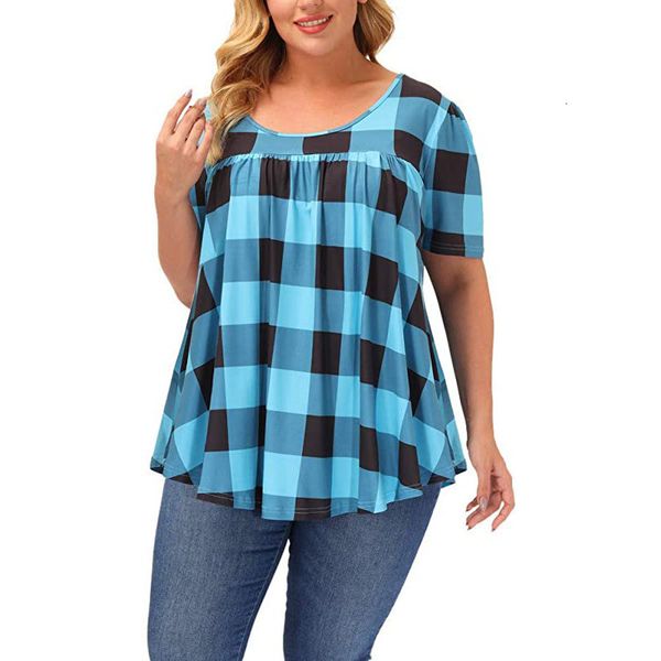 

women's plus size tshirt 5xl women clothing plaid print tshirts short sleeve loose casual female summer roundneck street pullovers tee, Black