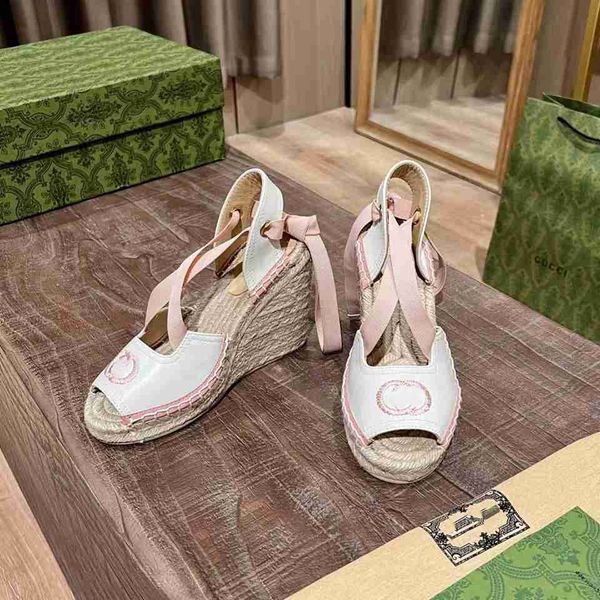 

designer luxury sandals high heel sandal women's espadrille with ribbon tie platform pumps leather heeled shoes interlocking g embroide, Black
