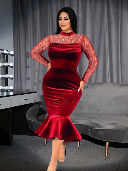 

plus size dresses ontinva lace patchwork dress size burgundy see through sleeve velvet package hip ruffles mermaid evening christmas outfit, Black