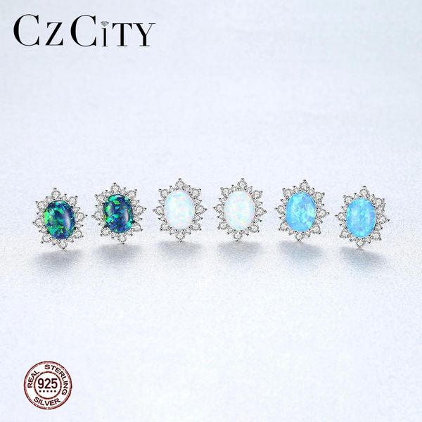 

stud czcity 925 sterling silver oval stud earrings for women exquisite shiny cz flower opal three colors joyas de plata jewelry gifts, Golden;silver