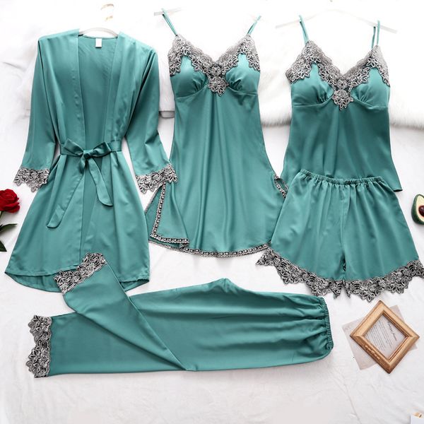 

women's sleepwear 5pcs lace robe gown pajamas set women satin kimono bathrobe sleep suit spring loungewear casual home clothes 230520, Black;red