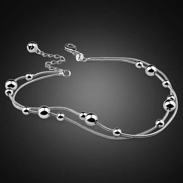 

anklets fashion simple 100% 925 sterling silver women anklets bracelets solid silver double bead chains beach barefoot sandals jewelry 23052, Red;blue