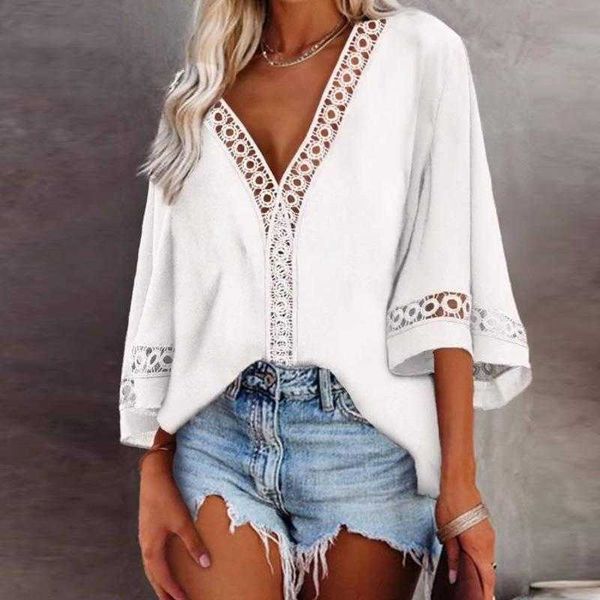 

women v neck hollow lace hem shirt casual cotton plain tee s, White