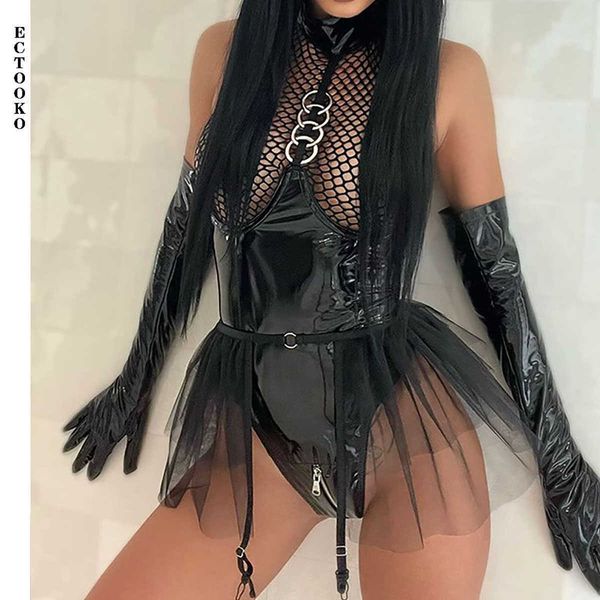 

bodysuit lingerie for women grid patchwork hanging neck jumpsuit mesh skirt hem with garters dress, Red;black