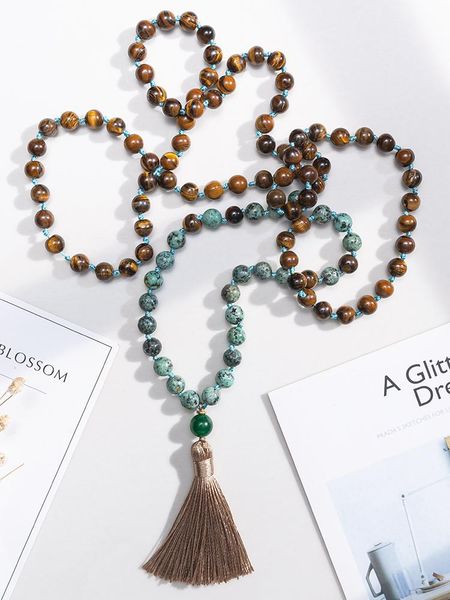 

necklaces oaiite 8 mm japamala 108 beads natural stones tiger eye necklace for women african turquoise prayer bead meditation mala jewelry, Silver