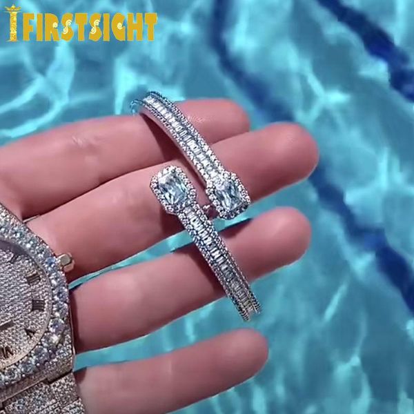 

bangle new baguette aaa cz opened square zircon charm bracelet iced out bling gold silver color hea bangle for men women hiphop jewelry, Black