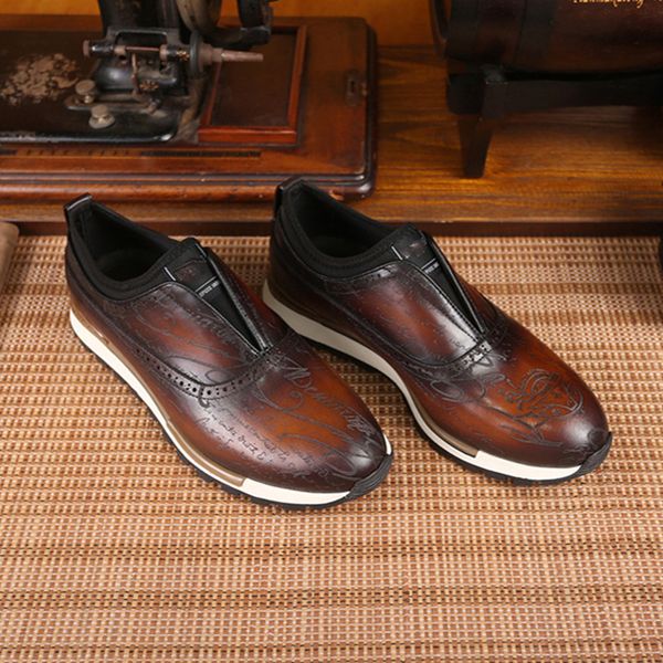 

berluti high end classic men's sports leather shoes, patterned leather pure handmade hand-painted craftsmanship comfortable for walking, Red;white