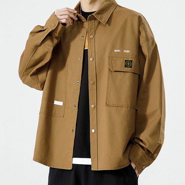 

mens work jacket compass patch logo spring and autumn summer baseball overcoat man trendy retro lapel casual and handsome shirt women khaki, Black;brown