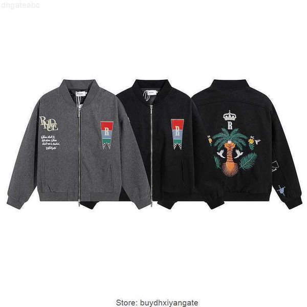 

mens hoodies sweatshirts high street fashion brand rhude flower letter embroidery woolen bomber suit loose jacket coat hooded jackets, Black