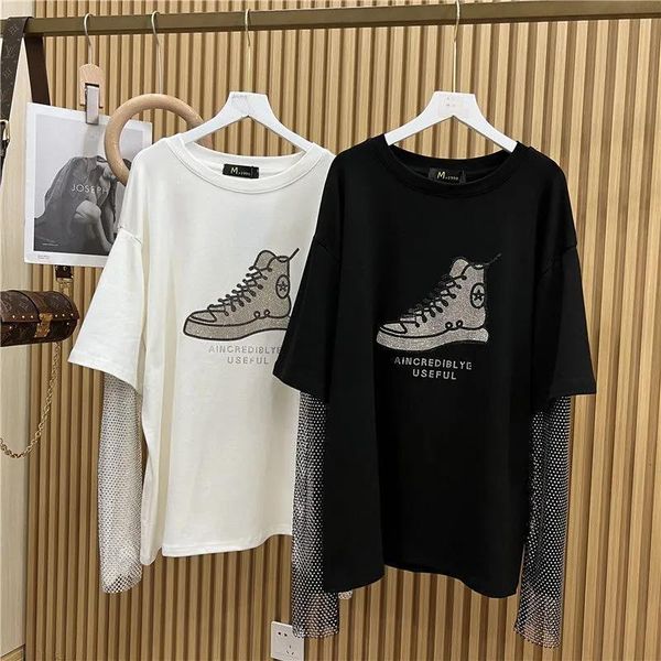 

women's plus size tshirt l4xl black white shoes hip hop tshirts for women summer patchwork long sleeve large woman clothes 230520