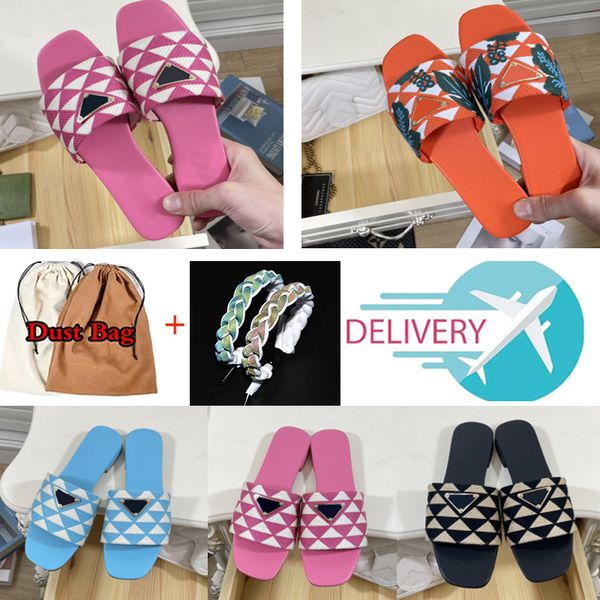 

classic designer slippers womens embroidered fabric slides triangle label luxury metal slipper plaid scuffs models woman casual street flats, Black