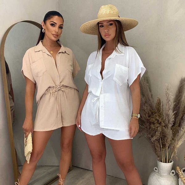 

2023 latin fashion casual set solid classic single breasted sleeve shirt elastic waist shorts two piece set, Gray
