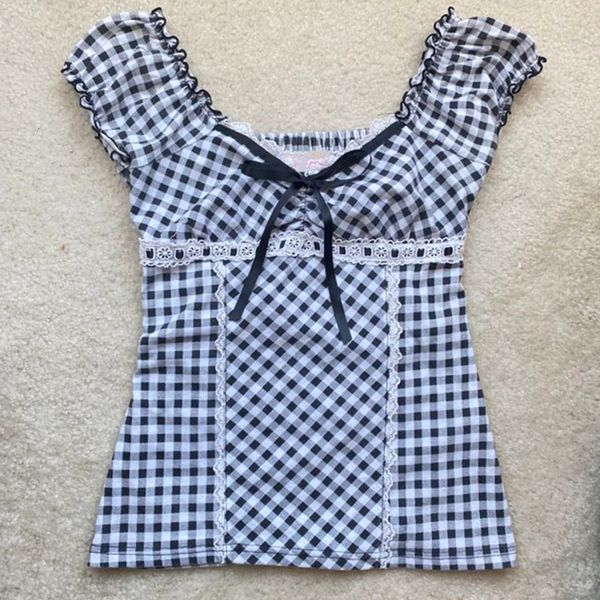 

women's tshirt y2k clothes preppy kawaii bow crop vintage square collar lace trim plaid pullovers tees fairycore grunge retro tshirt wo, White